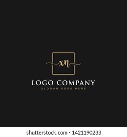Initials signature letters XN linked inside minimalist luxurious square line box vector logo gold color designs for brand, identity, invitations, hotel, boutique, jewelry, photography or company signs