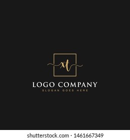 Initials signature letters XT linked inside minimalist luxurious square line border vector logo gold color design for brand, identity, invitations, hotel, boutique, jewelry, photography, company signs