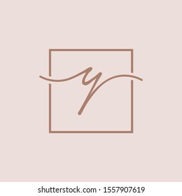 Initials signature letters Y linked inside minimalist luxurious square line box.  logo designs for brand, identity, invitations, hotel, boutique, jewelry, photography or company signs - VECTOR