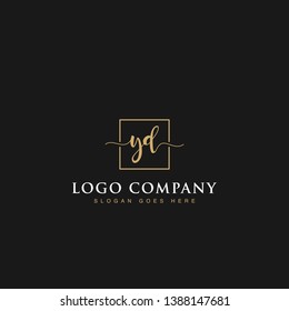 Initials signature letters YD linked inside minimalist luxurious square line box vector logo gold color designs for brand, identity, invitations, hotel, boutique, jewelry, photography or company signs