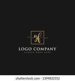Initials signature letters YF linked inside minimalist luxurious square line box vector logo gold color designs for brand, identity, invitations, hotel, boutique, jewelry, photography or company signs