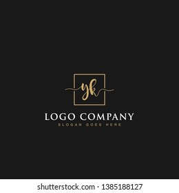 Initials signature letters YK linked inside minimalist luxurious square line box vector logo gold color designs for brand, identity, invitations, hotel, boutique, jewelry, photography or company signs