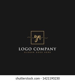 Initials signature letters YN linked inside minimalist luxurious square line box vector logo gold color designs for brand, identity, invitations, hotel, boutique, jewelry, photography or company signs