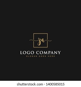 Initials signature letters ZA linked inside minimalist luxurious square line box vector logo gold color designs for brand, identity, invitations, hotel, boutique, jewelry, photography or company signs