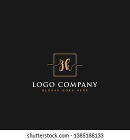 Initials signature letters ZK linked inside minimalist luxurious square line box vector logo gold color designs for brand, identity, invitations, hotel, boutique, jewelry, photography or company signs
