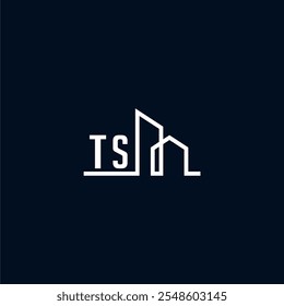 Un logotipo elegante y moderno muestra Formas arquitectónicas abstractas, enfatizando la creatividad y la innovación en el diseño de edificios contra una oscuridad