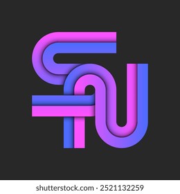 Initials SN or NS monogram logo design featuring intertwining 3d ribbons in vibrant pink and blue gradient, creative letters S and N combination with shadows, bold identity typography.