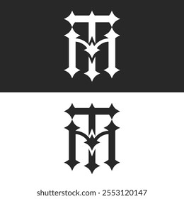 Initials tm or mt letters monogram logo design in black and white, sharp bold gothic font geometric typography, versatile calligraphic emblem for branding.