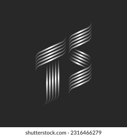 Initials TS or ST metal letters logo monogram, combination two letters T and S for business or wedding card logotype, overlapping smooth thin lines, metallic gradient 3d effect, silver stripes shape.