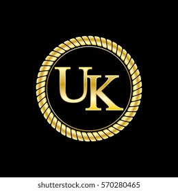 initials u and k logo luxurious golden letters with gold rope