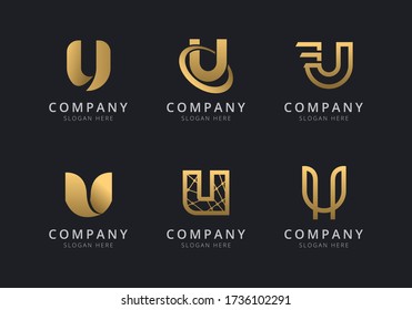 Plantilla de logotipo inicial de U con un color de estilo dorado para la empresa