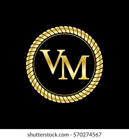 initials v and m logo luxurious golden letters with gold rope
