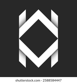 Initials WM or MW monogram logo with geometric rhombus shape negative space, sharp symmetry and 3d shadow effect on dark background, two letters W and M together.