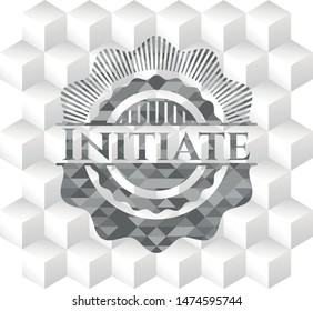 Initiate realistic grey emblem with geometric cube white background