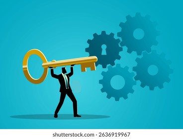 Initiating business processes, businessman lifting a giant key to launching and activating a business
