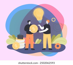 Initiative advisor giving financial support to startup worker. Professional investor or sponsor funding business idea flat vector illustration. Entrepreneurship, investment, coworking concept