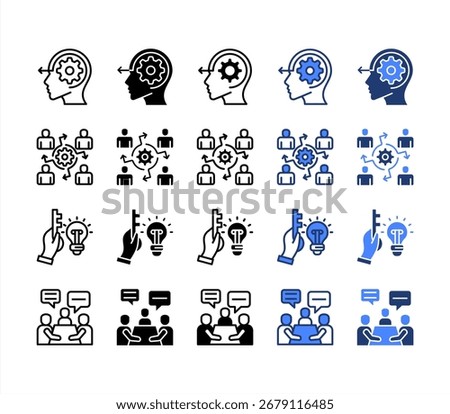Initiative, Collaboration, Problem solving, Meeting, multiple style icon set.