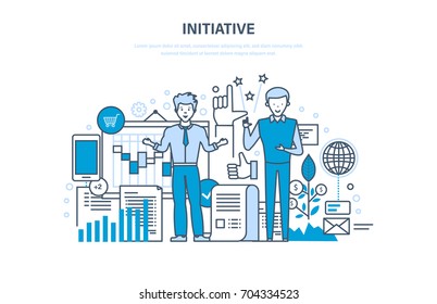 Initiative concept. Active activity, enterprise, start-up and growth, success in business, investment growth and finance. Illustration thin line design of vector doodles, infographics elements.