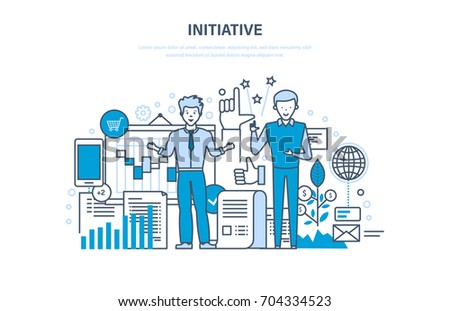 Initiative concept. Active activity, enterprise, start-up and growth, success in business, investment growth and finance. Illustration thin line design of vector doodles, infographics elements.