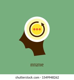 Initiative icon concept with arrow symbol in the drawing of human brain isolated on green background, vector and illustration.