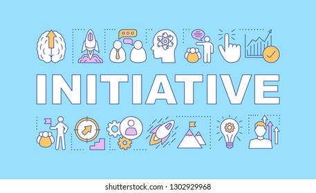 Initiative word concepts banner. Business success. Startup launch. Smart goals achieving. Skill improvement. Isolated lettering typography idea with linear icons. Vector outline illustration