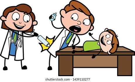 Inject in Doctor's Body to Make Kid Laugh - Professional Cartoon Doctor Vector Illustration