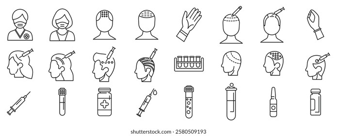  Injecting hair icons set. Medical professionals utilizing syringes and specialized equipment for hair restoration treatment