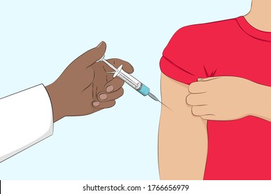 Inyección de medicamentos. Estilo de caricatura. Ilustración vectorial.