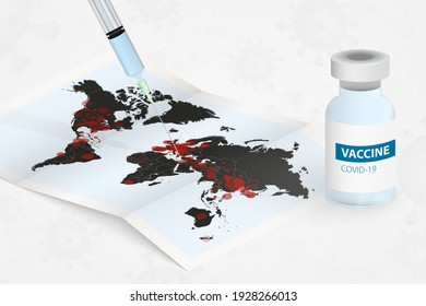Injecting a syringe with a COVID-19 vaccine into an infected World Map. Fight Against Coronavirus. Vector illustration.
