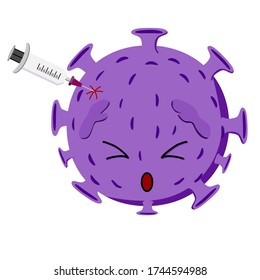 Injecting vaccination needle in to a scared Virus Covid-19 Cartoon Character. For Covid-19 fighting concept.