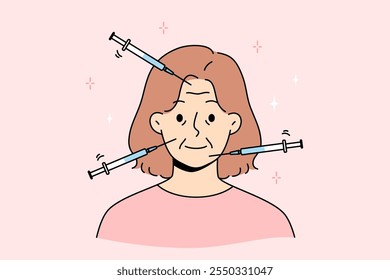 Injection against wrinkles on woman face is done using syringe at appointment with cosmetologist. Woman dreams of becoming younger and fights wrinkles with help of chemical liquid pumped under skin.