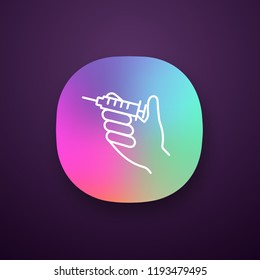 Injection app icon. UI/UX user interface. Hand holding syringe. Doctor’s hand. Neurotoxin injection. Vaccination. Treatment. Web or mobile application. Vector isolated illustration