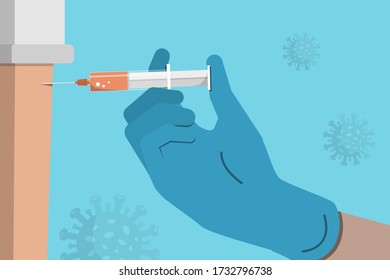 Injection arm in glove. Vaccination. Medical and health care background. Stock vector illustration in flat design.