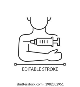 Injection In Arm Linear Icon. Influenza Clinic Treatment. Drug Inoculation. Vaccine For Patient. Thin Line Customizable Illustration. Contour Symbol. Vector Isolated Outline Drawing. Editable Stroke