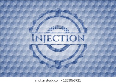 Injection blue badge with geometric pattern background.