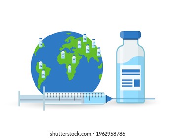 An injection bottle, syringe  and a globe. Concept of spread vaccine around the world. Vaccination distribution worldwide. Vector in flat style on white.