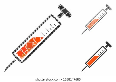 Injection composition of raggy parts in different sizes and color tints, based on injection icon. Vector tremulant parts are composed into mosaic. Injection icons collage with dotted pattern.