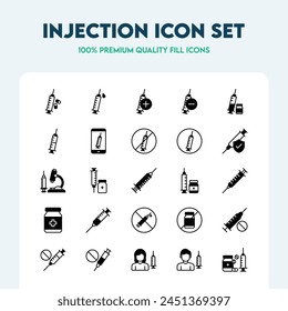 Conjunto de iconos de relleno de inyección. Colección de íconos vectoriales como jeringas, píldoras, protección y pacientes. colección de iconos de calidad de Premium.