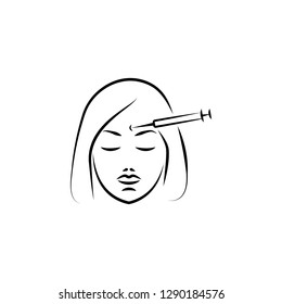 injection, forehead, cosmetology, face hand drawn icon on white background