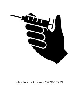 Injection glyph icon. Hand holding syringe. Doctor’s hand. Neurotoxin injection. Vaccination. Treatment. Silhouette symbol. Negative space. Vector isolated illustration