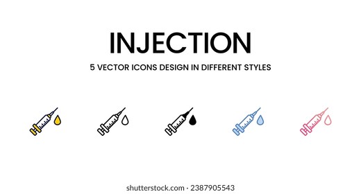 Injection Icon Design in Fünf-Stil mit Editable Stroke. Linie, feste, flache Linie, Duo Tone Farbe und Farbverlauf Linie. Geeignet für Webpage, Mobile App, UI, UX und GUI Design.