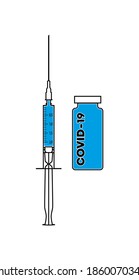 Injection icon drawing in outline style. Contour syringe sign with needle and medication covid. Medical symbol, vaccination coronavirus, treatment concept. Vector illustration