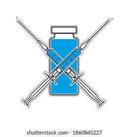 Symbolzeichnung im Umrissstil. Spritzenschild mit Nadel und Medikamentenkovid. Medizinisches Symbol, Impfkoronavirus, Behandlungskonzept. Vektorgrafik