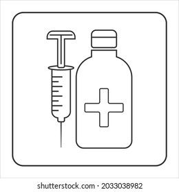 Dibujo de icono de inyección en forma de contorno. Contacte el signo de la jeringa con la aguja y la medicación. Símbolo médico, vacunación, concepto de tratamiento. Botón web o logotipo para sitios web y aplicaciones móviles. Vector