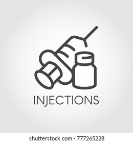 Injection icon drawing in outline style. Contour syringe sign with needle and medication. Medical symbol, vaccination, treatment concept. Web button or logo for websites and mobile apps. Vector