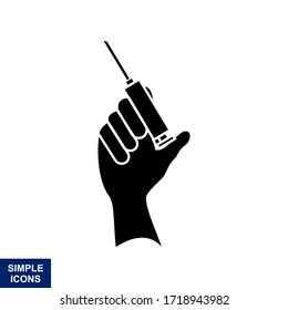 Injection icon. Hands holding the syringe. Silhouette illustration. Vaccination. Treatment. Vector drawing of isolated silhouette. Stroke that can be edited