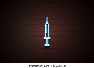 injection icon in Neon  on dark brick wall background