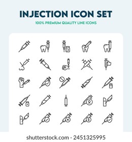 Injection icon set, such as syringe, treatment, teeth, and more. Editable Stroke. Premium-quality icon collection.