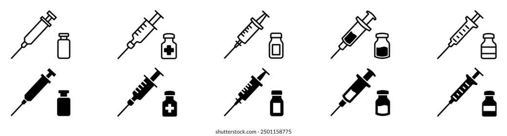 Injection icon set. Syringe symbol. Linear and silhouette style.