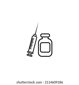 Injection icon. Simple vector. Contour syringe sign with needle and medication. Vaccination.